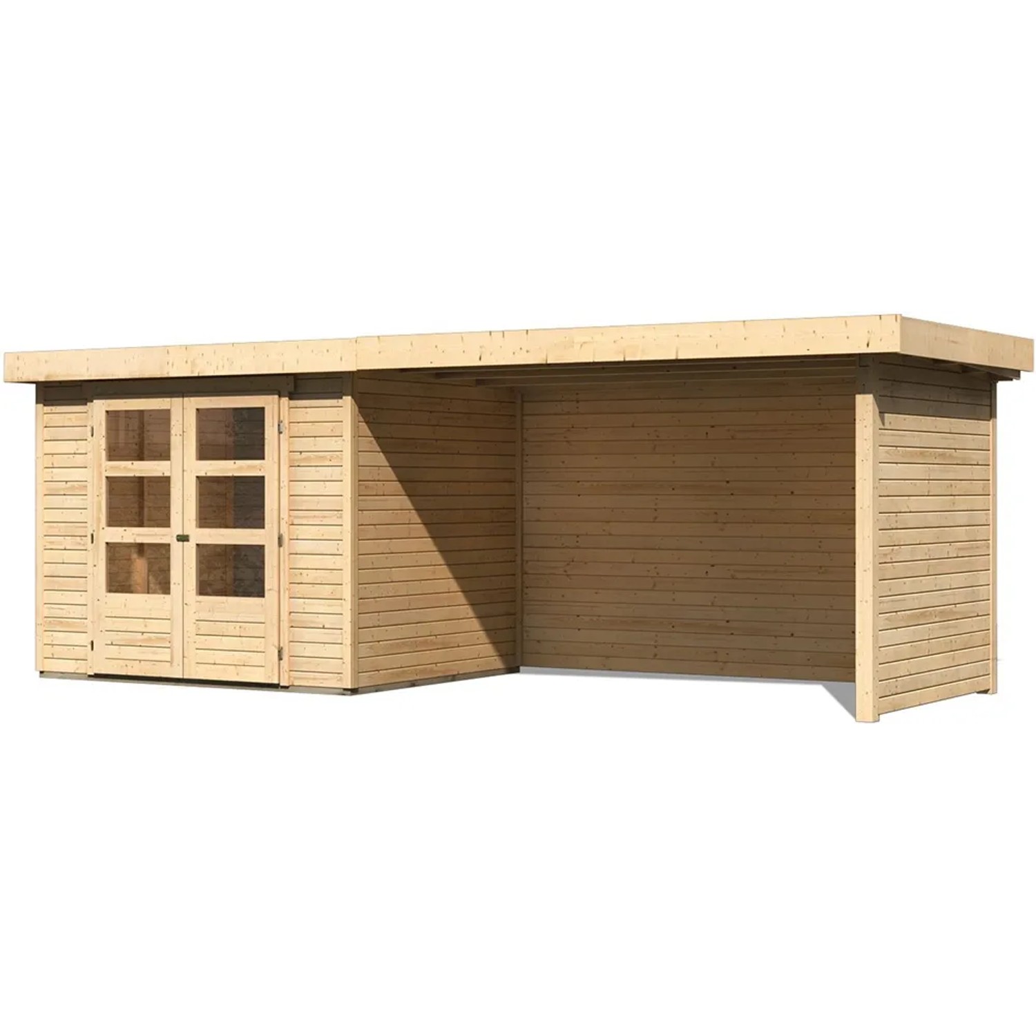 Karibu Holz-Gartenhaus Boras, unbehandelt, mit Doppeltür und überdachter Fläche.