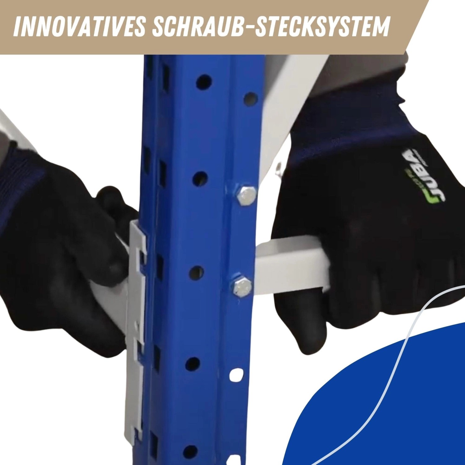 Detailaufnahme: PROREGAL Reifenregal Maximus Pro mit Schraub-Stecksystem in Blau-Grau.