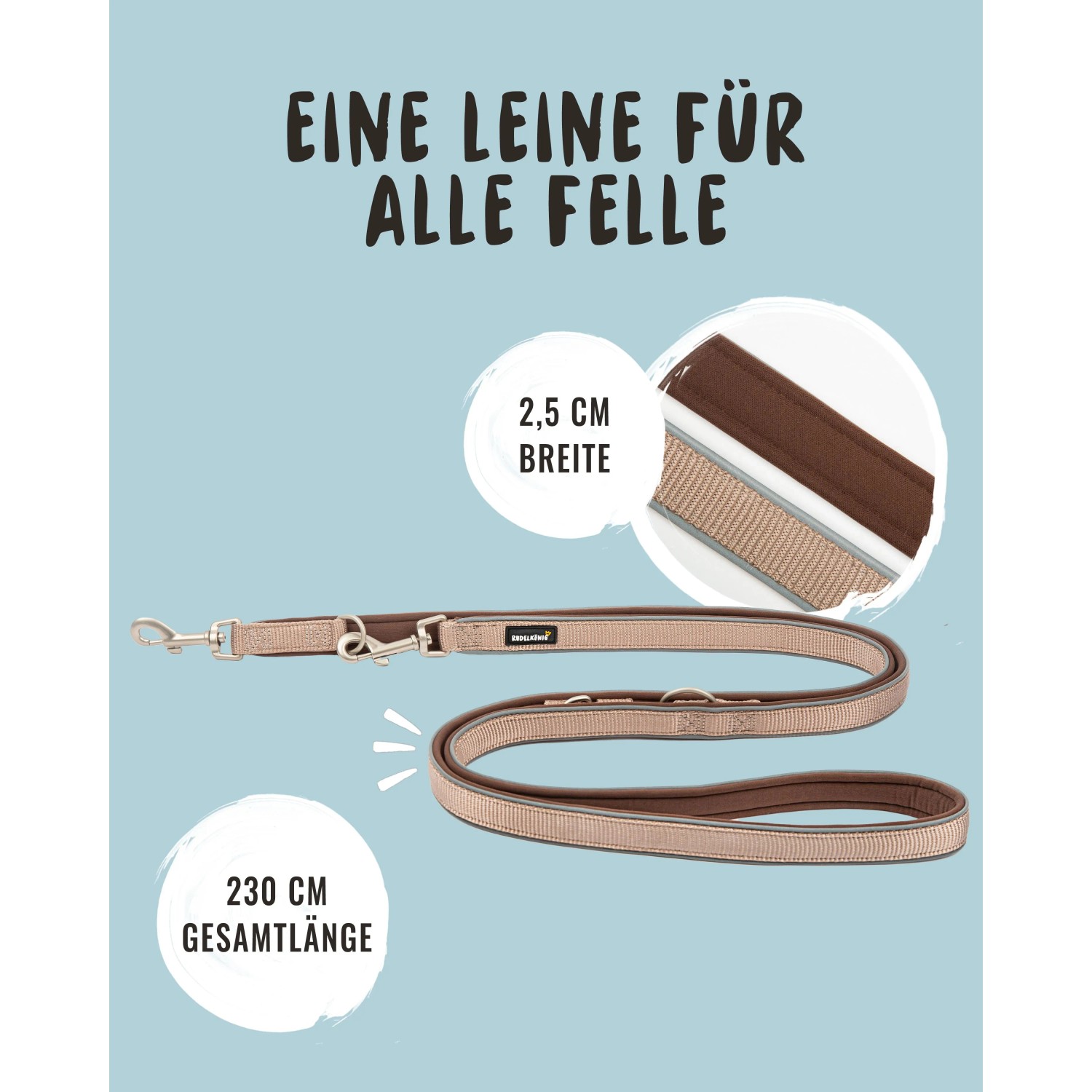Verstellbare Rudelkönig Hundeleine Paola, 230 cm lang, rosefarben. Führleine aus Nylon mit Karabiner.