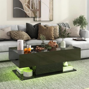 Schwarzer Costway Couchtisch mit LED-Beleuchtung und Schubladen im Wohnzimmer.