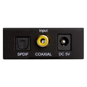 Rückseite des Dynavox Mini-DAC I Digital-Analog-Wandlers mit Eingängen für SPDIF, Coaxial und DC 5V.