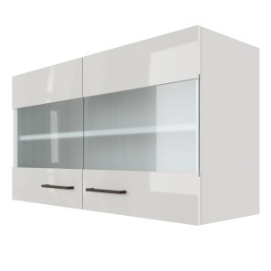 Flex-Well Oberschrank Lund, 100 cm, lichtgrau glänzend mit Milchglas-Türen.