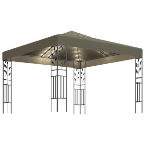 Taupe Pavillon 3x3m mit LED-Lichterkette, Stahlrahmen mit floralen Details für Garten & Terrasse.
