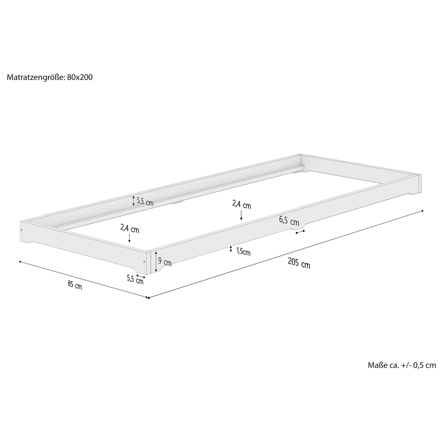 Detailansicht: Weißes Niedrigflurbett 80x200 aus Kiefernholz mit Maßangaben.