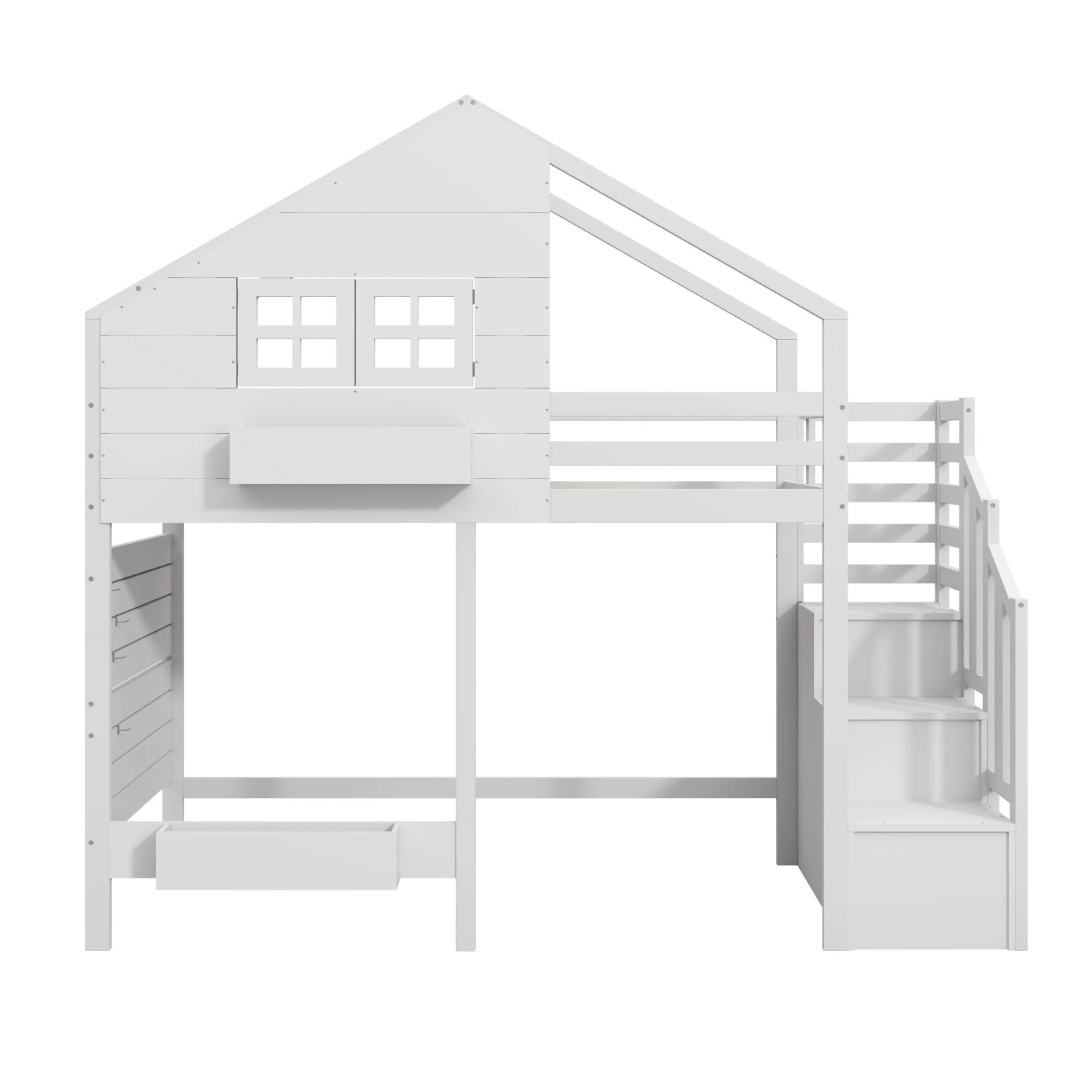 Merax Hochbett 90 x 200 cm mit Stauraumtreppe Fenster Weiß