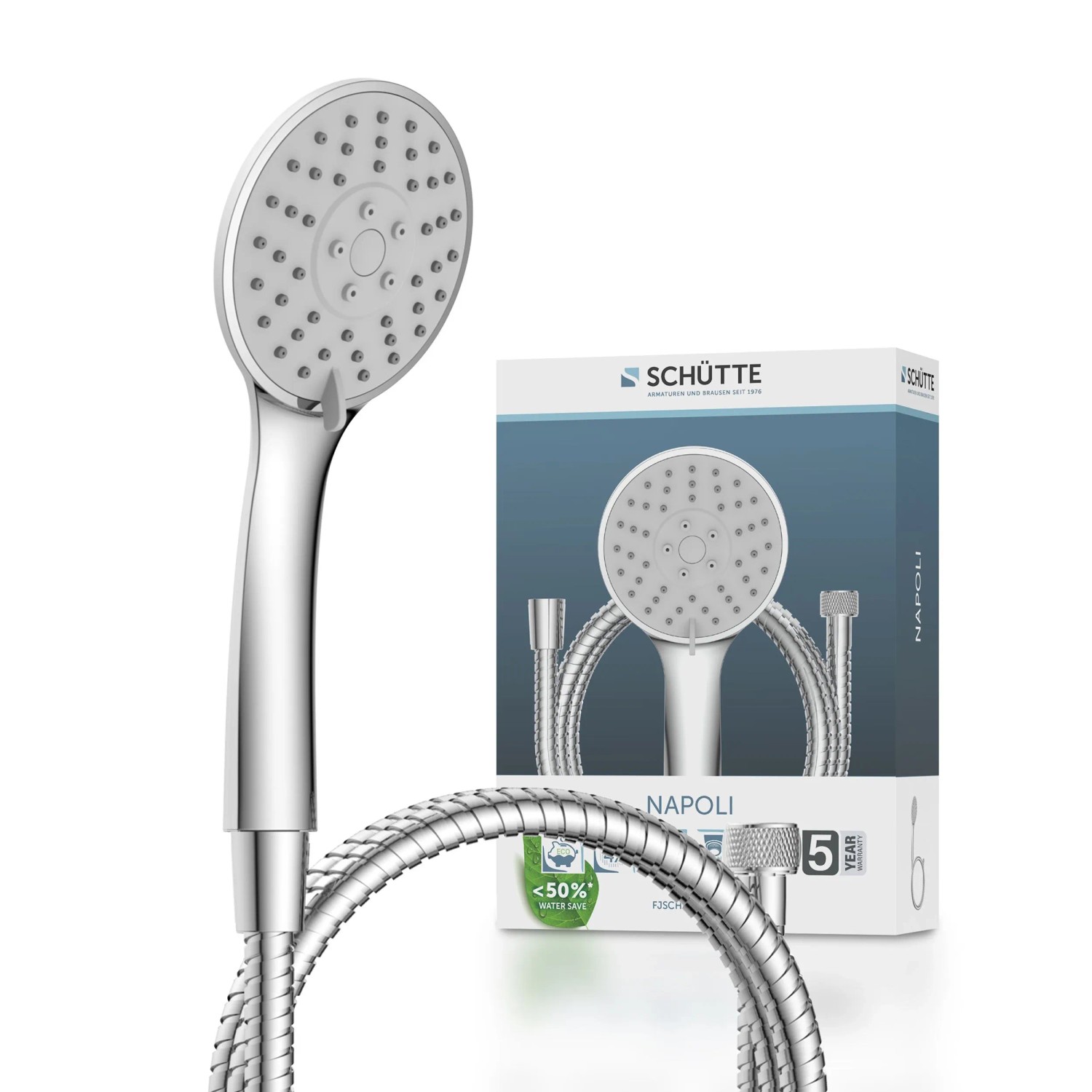 Schütte Handbrause-Set Napoli Chrom mit Brauseschlauch und Verpackung.