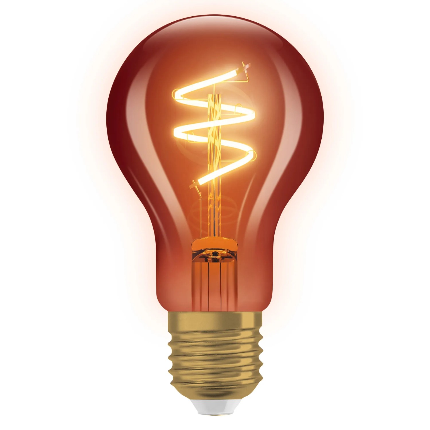 Osram LED-Lampe E27 in Glühbirnenform A60 mit Spiralfilament, 3W, 1800K. Kupferfarbenes Glasgehäuse.