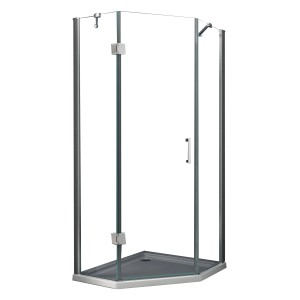 Glasdeals Fünfeck Duschkabine VERTEX 90x90: Rahmenlose Duschkabine mit grauer Duschwanne.