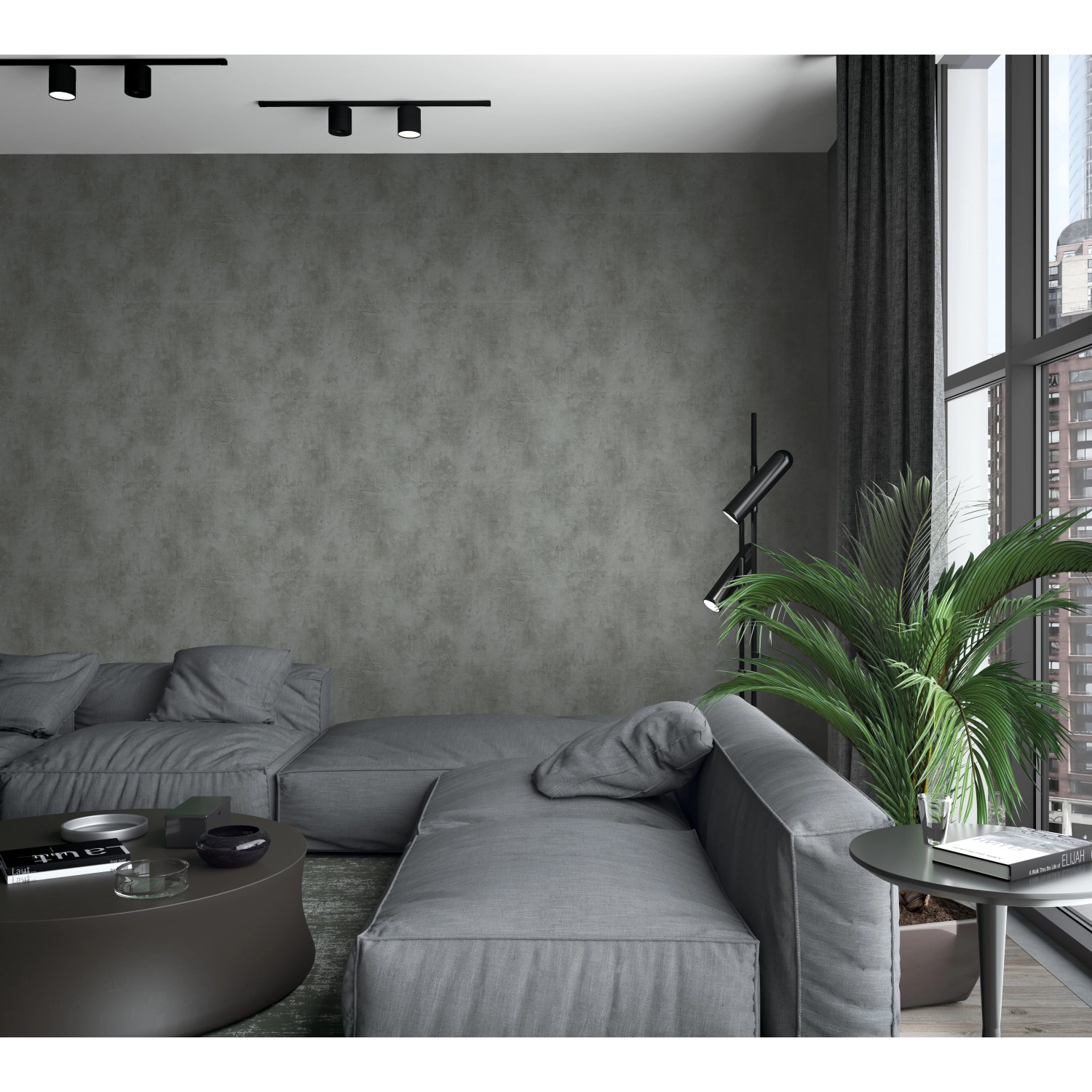 Wohnraum mit anthrazitfarbener Marburg Vliestapete Loft Superior 5 Struktur Modern FSC® an der Wand.