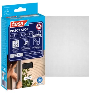 tesa Insect Stop Klett Fliegengitter Premium anthrazit für Fenster. Blaue Verpackung und feines Netz.