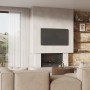 Wohnzimmer mit Klimex Verblender Landhouse Sahara in Creme an der Wand hinter dem Kamin.
