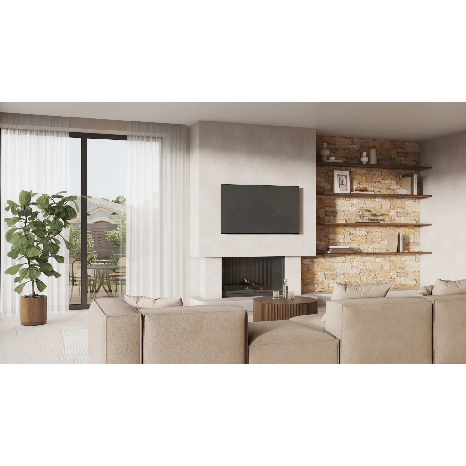 Wohnzimmer mit Klimex Verblender Landhouse Sahara in Creme an der Wand hinter dem Kamin.