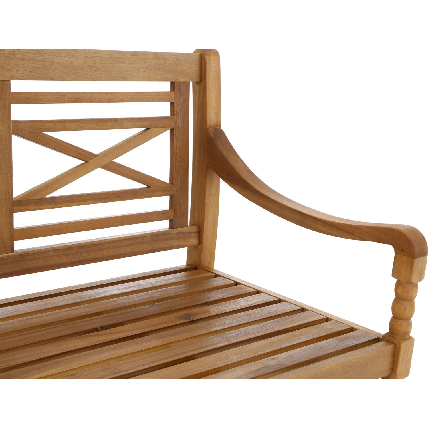 Detailansicht der Siena Garden 3-Sitzer Bank Westport aus Akazienholz mit geschwungenen Armlehnen.