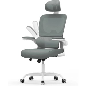 Ergonomischer Bürostuhl Rattantree in Weiß/Dunkelgrau mit Netzgewebe, Kopfstütze, Klapparmlehnen, Wippfunktion & Rollen.
