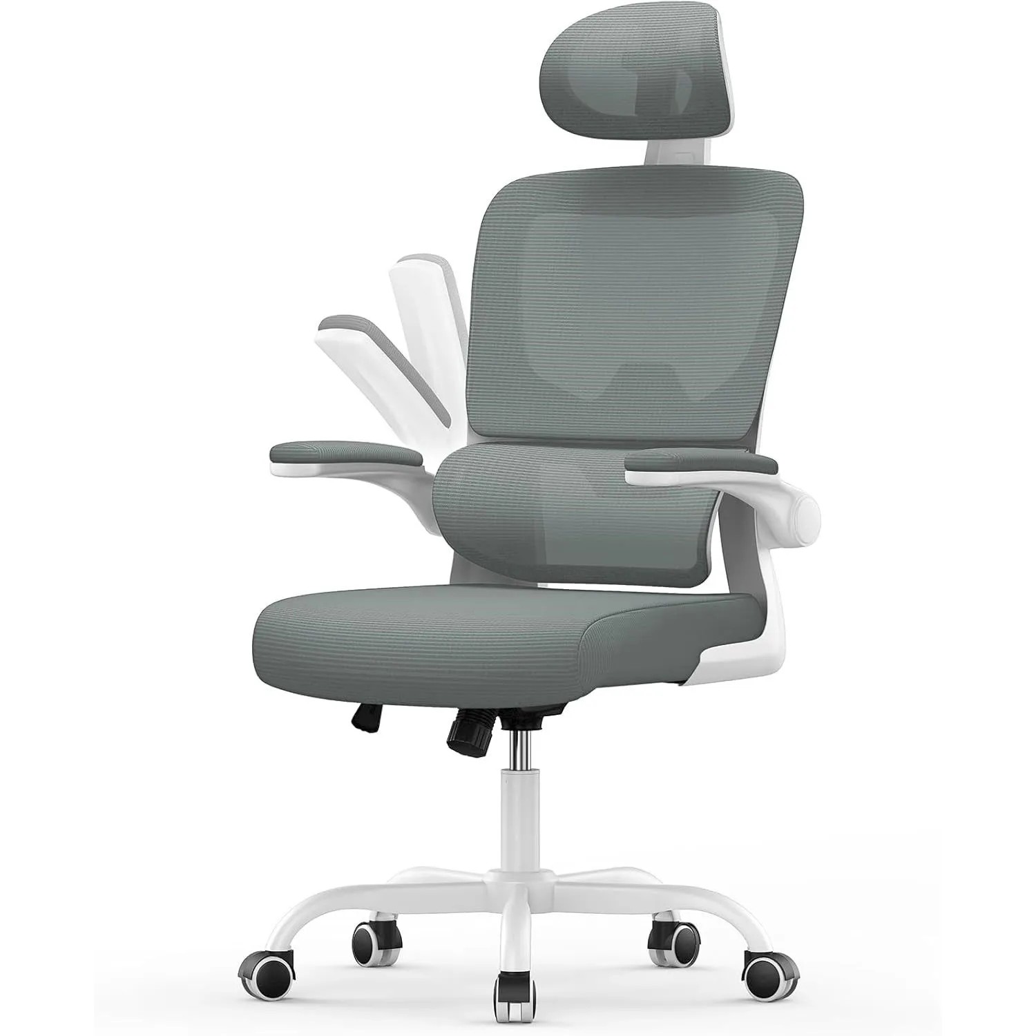 Rattantree Ergonomischer Drehstuhl mit Wippfunktion und Höhenverstellung Kopf und Klapparmlehnen Weiß und Dunkelgrau