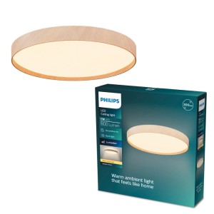 Philips Stylique LED-Deckenleuchte, rund, Holzoptik, 38 cm Durchmesser, mit warmweißem Licht.