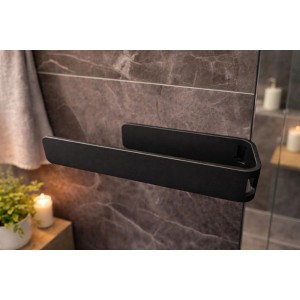 Schwarzer Radius Design Handtuchhalter aus Aluminium, 22cm, zur Klebemontage an dunkler Badwand. Modernes Badzubehör.