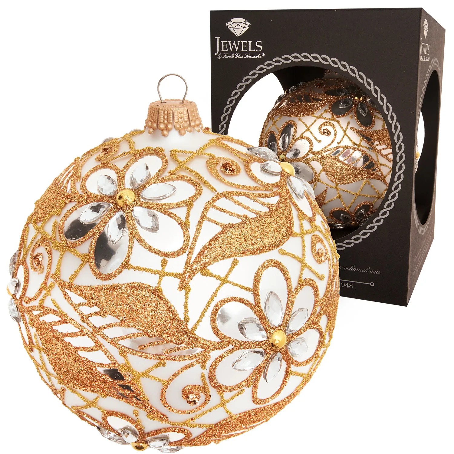 Krebs Glas Lauscha Weihnachtskugel Strassdesign Blumen und Blätter Silberfarbig 10cm