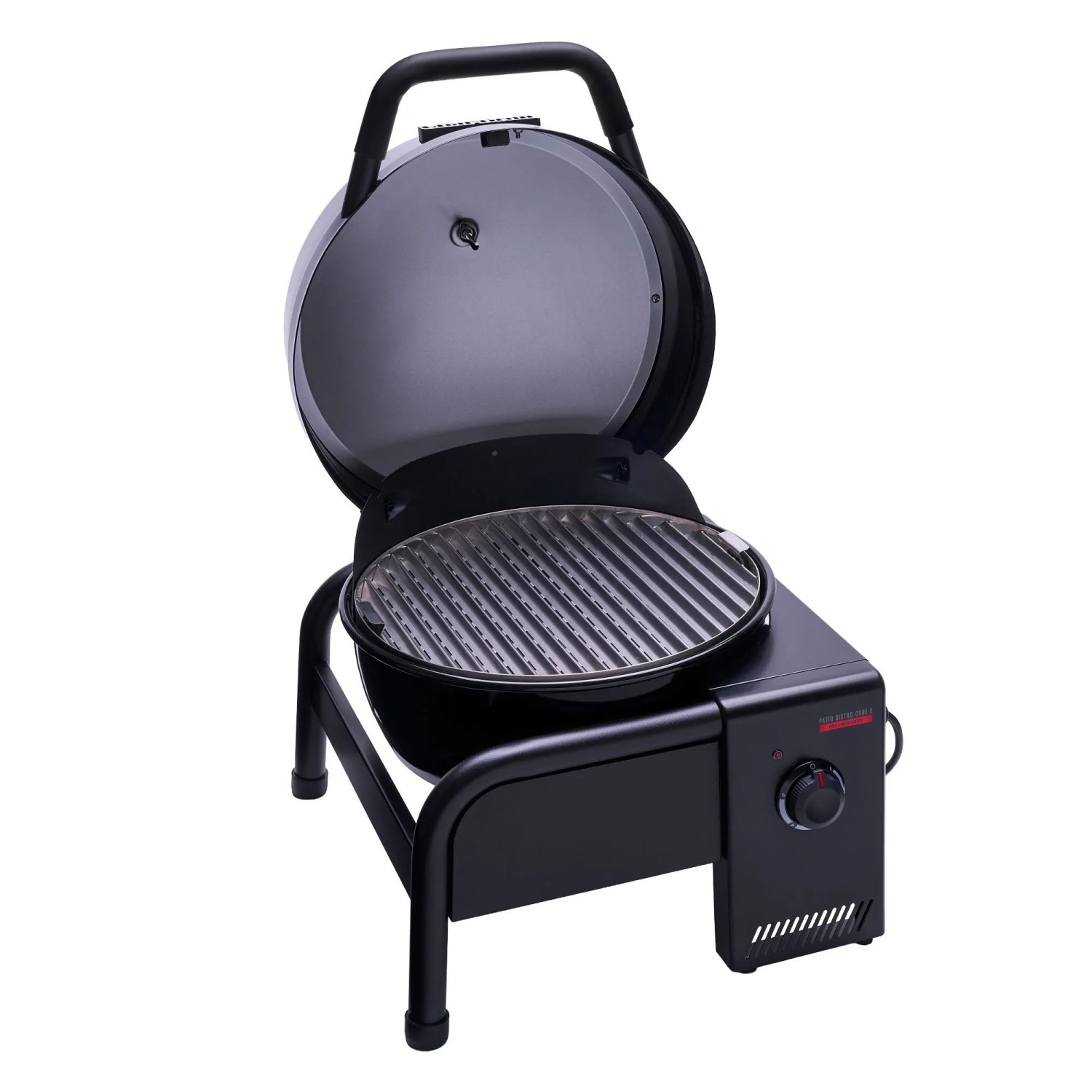 Schwarzer, mobiler Char-Broil Elektrogrill Patio Bistro Cube E mit geöffnetem Deckel.