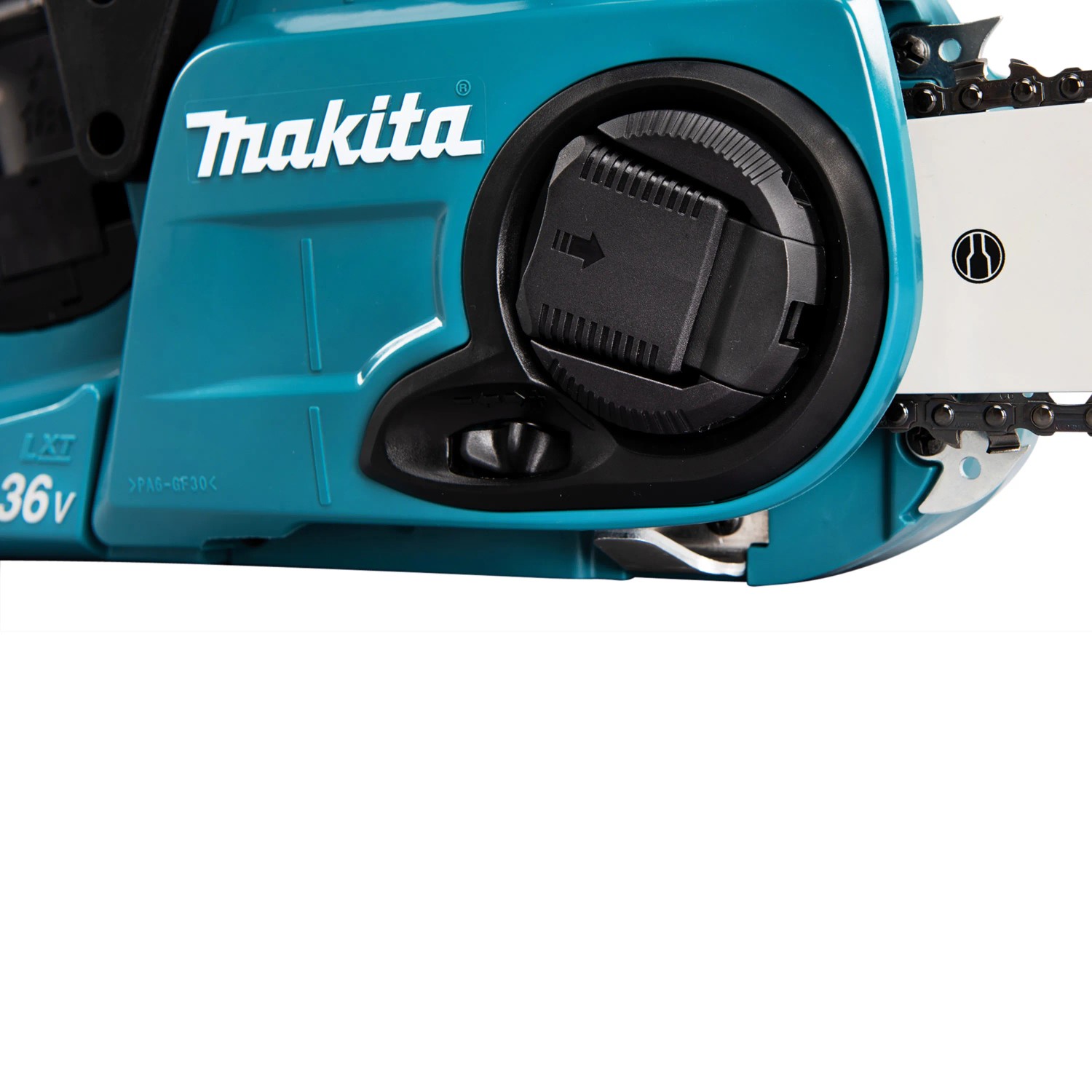 Makita Akku-Kettensäge DUC353Z, 2x18V, Detailansicht. Kompakte Bauweise, werkzeugloser Kettenwechsel.