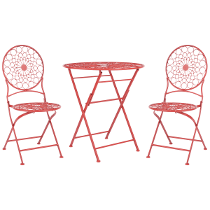 Rotes klappbares Bistro Set SCARIO aus Metall. Gartenmöbel-Set mit rundem Tisch und zwei Stühlen im Retro-Stil.