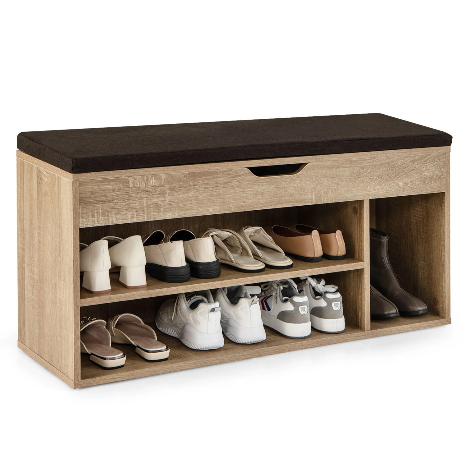 Costway Schuhbank in Naturholzoptik mit dunklem Sitzkissen, offenen Fächern und Stauraum für Schuhe.