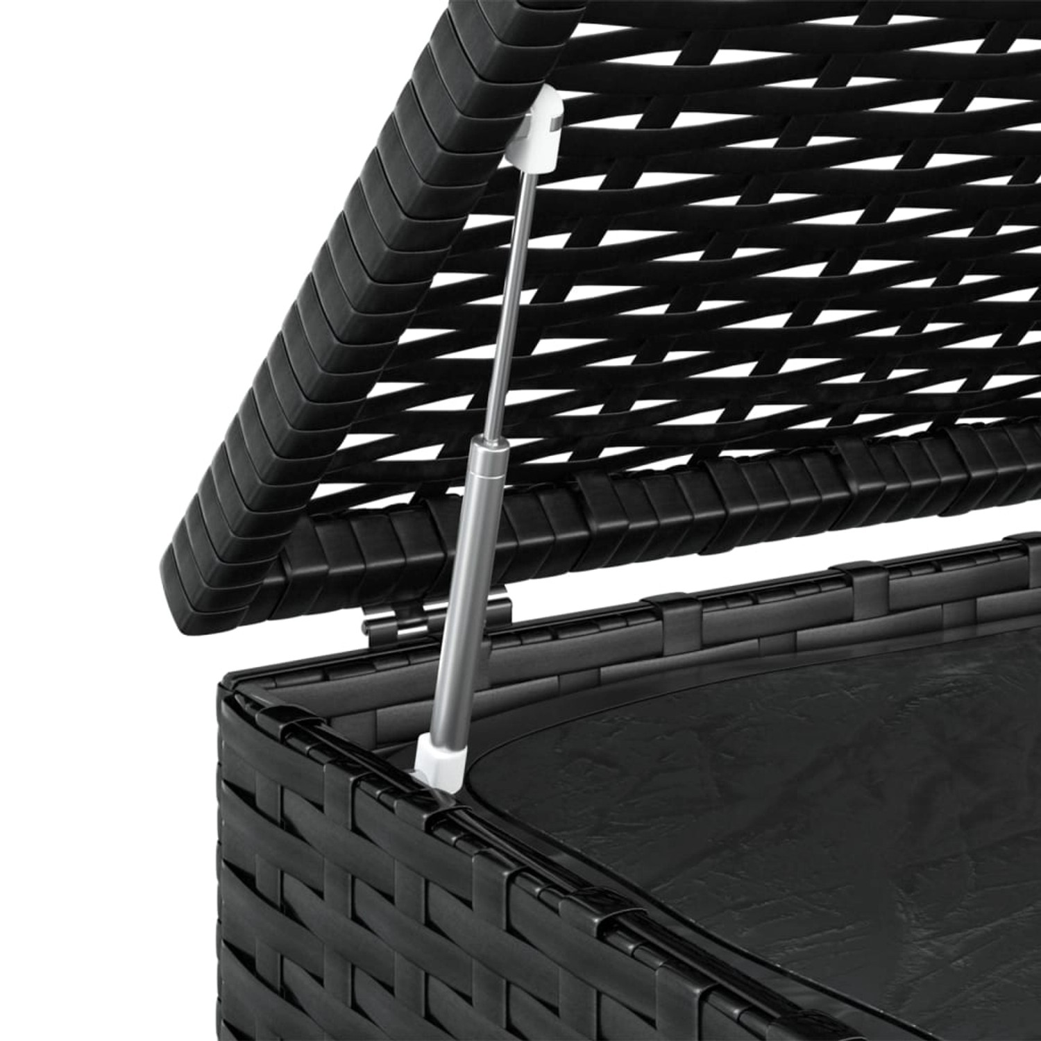 Detailaufnahme: Schwarze VidaXL Garten-Kissenbox aus PE-Rattan, geöffnet mit Gasdruckfeder.