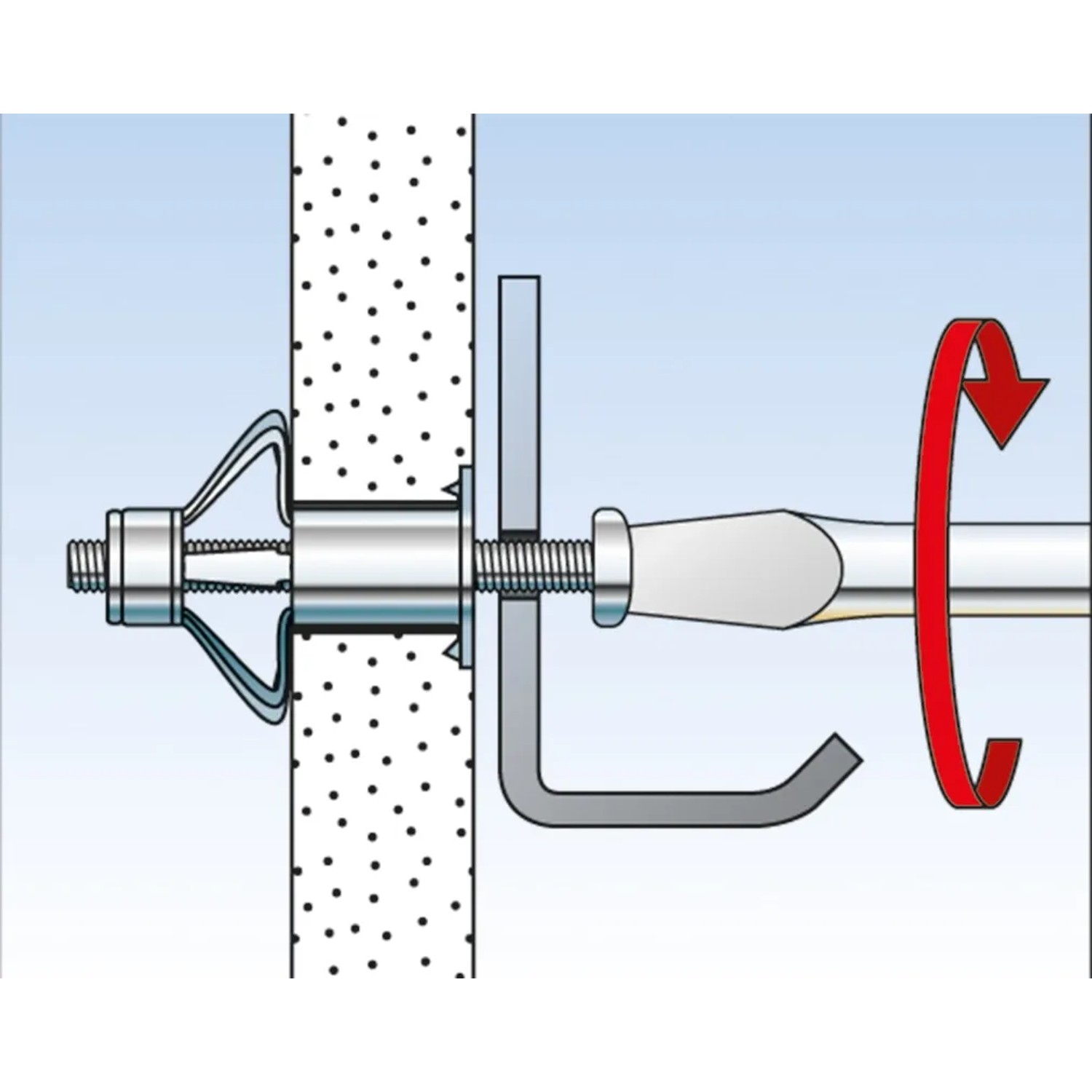 Illustration: Fischer HM 5x65 S Dübel in Wand montiert. Hohlraumdübel aus Metall mit Schraube, 20 Stück.
