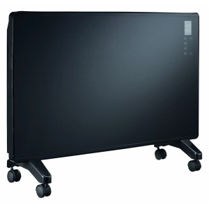 Schwarzer OBI Glaspanel-Heizer 2 kW mit Rollen und LED-Anzeige. Elektrisches Heizgerät mit Fernbedienung.