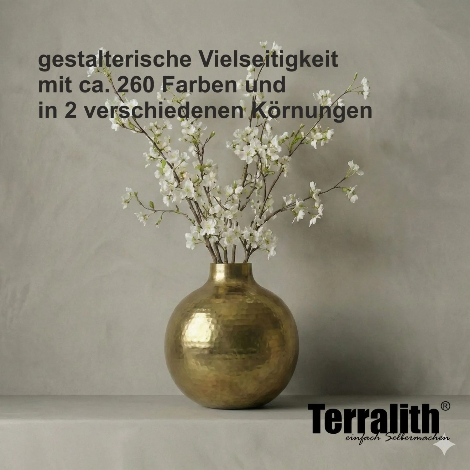 Terralith Mikrozement grob auf Wand mit goldener Vase und Blumen.