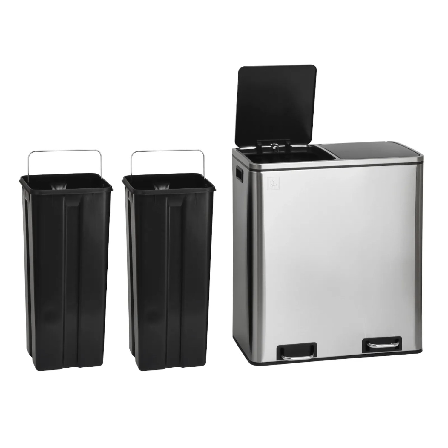 Svita TM2X30 Treteimer, 60 Liter, silberner Mülleimer mit zwei Inneneimern zur Mülltrennung.