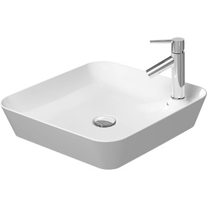 Weißes Duravit Cape Cod Aufsatzwaschbecken 46 cm mit Armatureninsel und Armatur.