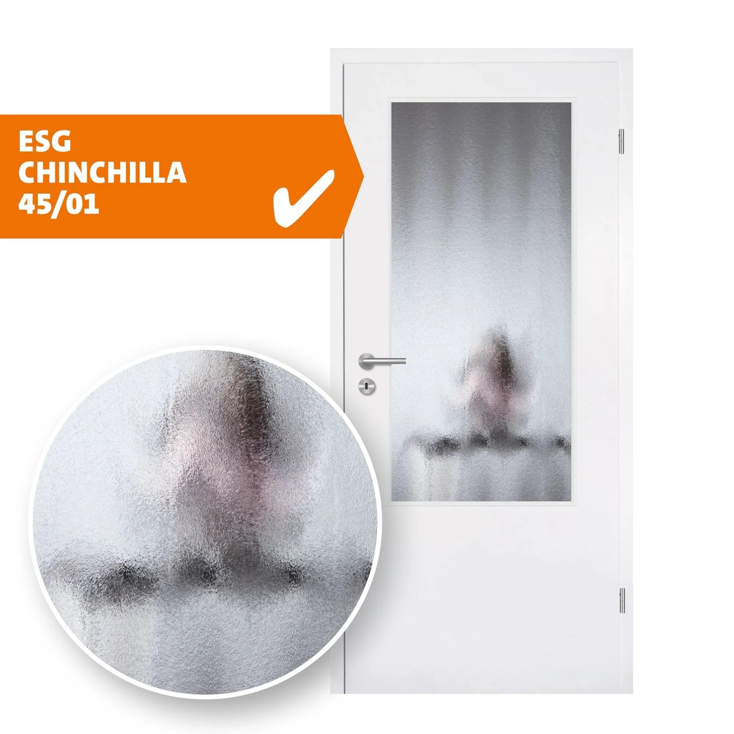 Weißer Türflügel mit strukturiertem Skyscope Portal ESG Chinchilla Glaseinsatz 41x142 cm für Privatsphäre in Innentüren.