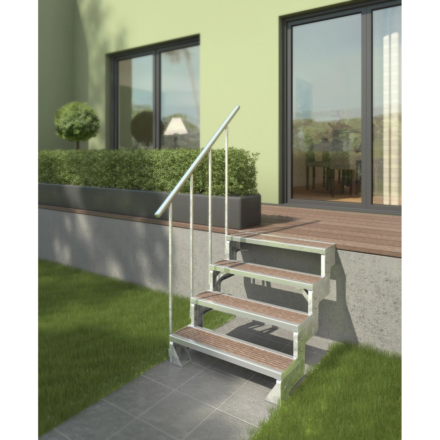 Außentreppe Gardentop mit Einlegestufen aus Stahl und Holzprofilen vor Hauswand.