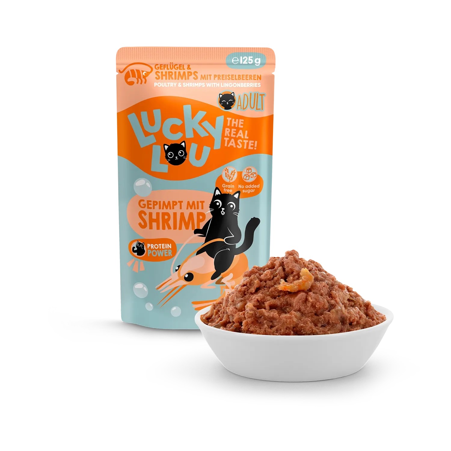 Lucky Lou Katzen-Nassfutter Adult Geflügel & Shrimps, 125g Packung und Schale mit Futter.