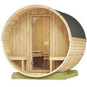 Weka Fasssauna 198 Sparset mit 9,0 kW Ofen, kompakte Holzsauna mit Glastür und Liegen.