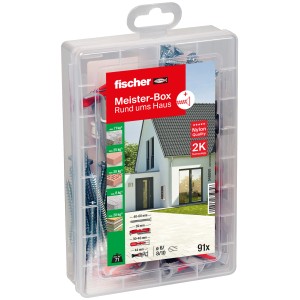 Fischer Meister-Box "Rund ums Haus" mit 91 Dübeln und Schrauben, sortiert in transparenter Kunststoffbox.