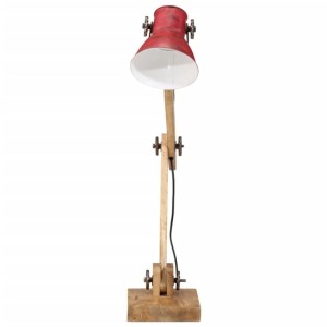 Rote Schreibtischlampe im Industrie-Stil mit Holzfuß und verstellbarem Arm. Innenleuchte für den Schreibtisch.
