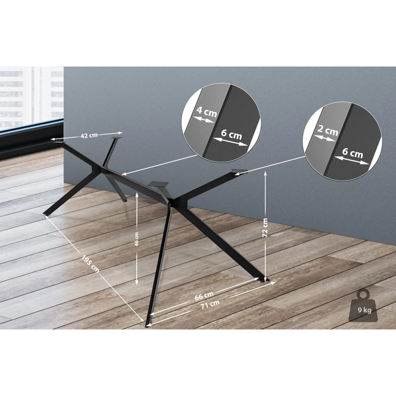 Schwarzes DELUKE Tischgestell PROXI aus Stahl, 72x195x71cm, für Wohnzimmertische.