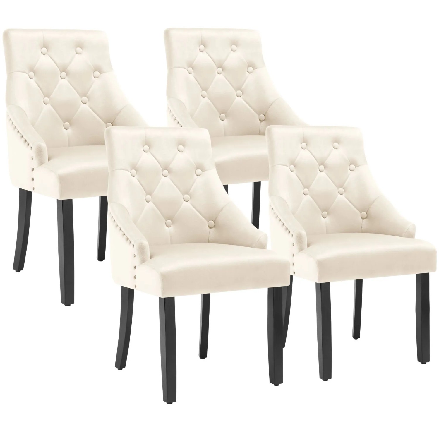 Tectake Esszimmerstuhl Everdeen Gepolstert  In Samtoptik  Mit Seitlichen Zierknöpfen Große Rückenlehne  Gesteppt 4Er Set 57 x 52 x 91 cm Creme Schwarz