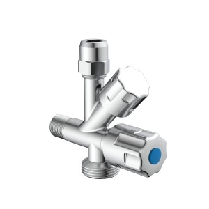 Kirchhoff GA-Eckventil, verchromt, mit zwei Abgängen und blauen Griffen.