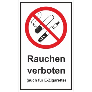 Warnschild: Rauchen verboten, auch für E-Zigaretten. Deutliches Hinweisschild für Innen- und Außenbereiche.