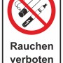 Warnschild: Rauchen verboten, auch für E-Zigaretten. Deutliches Hinweisschild für Innen- und Außenbereiche.