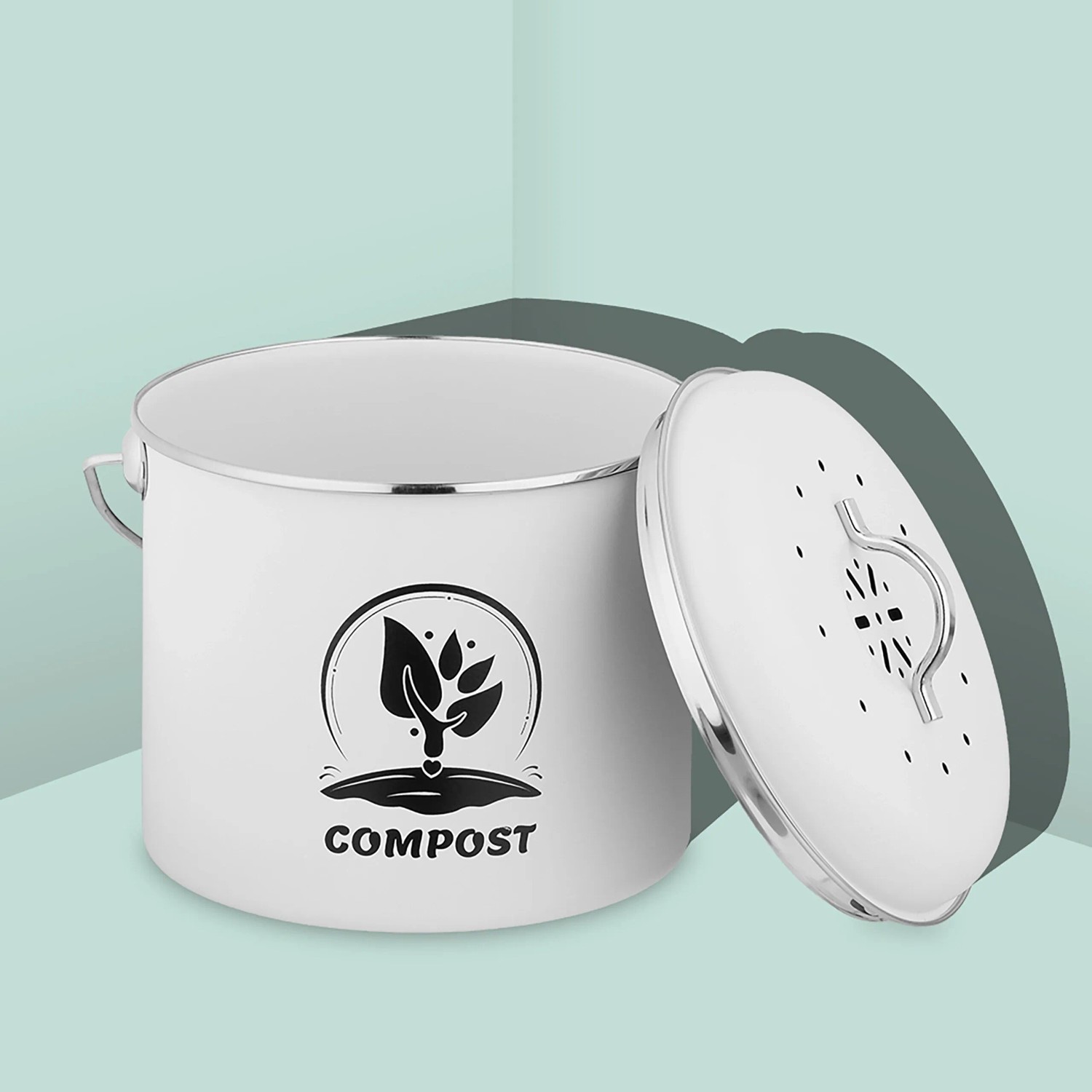 Weißer Metall Komposteimer mit Deckel und 'COMPOST' Aufschrift für Küchenabfälle. Inkl. Aktivkohlefilter.