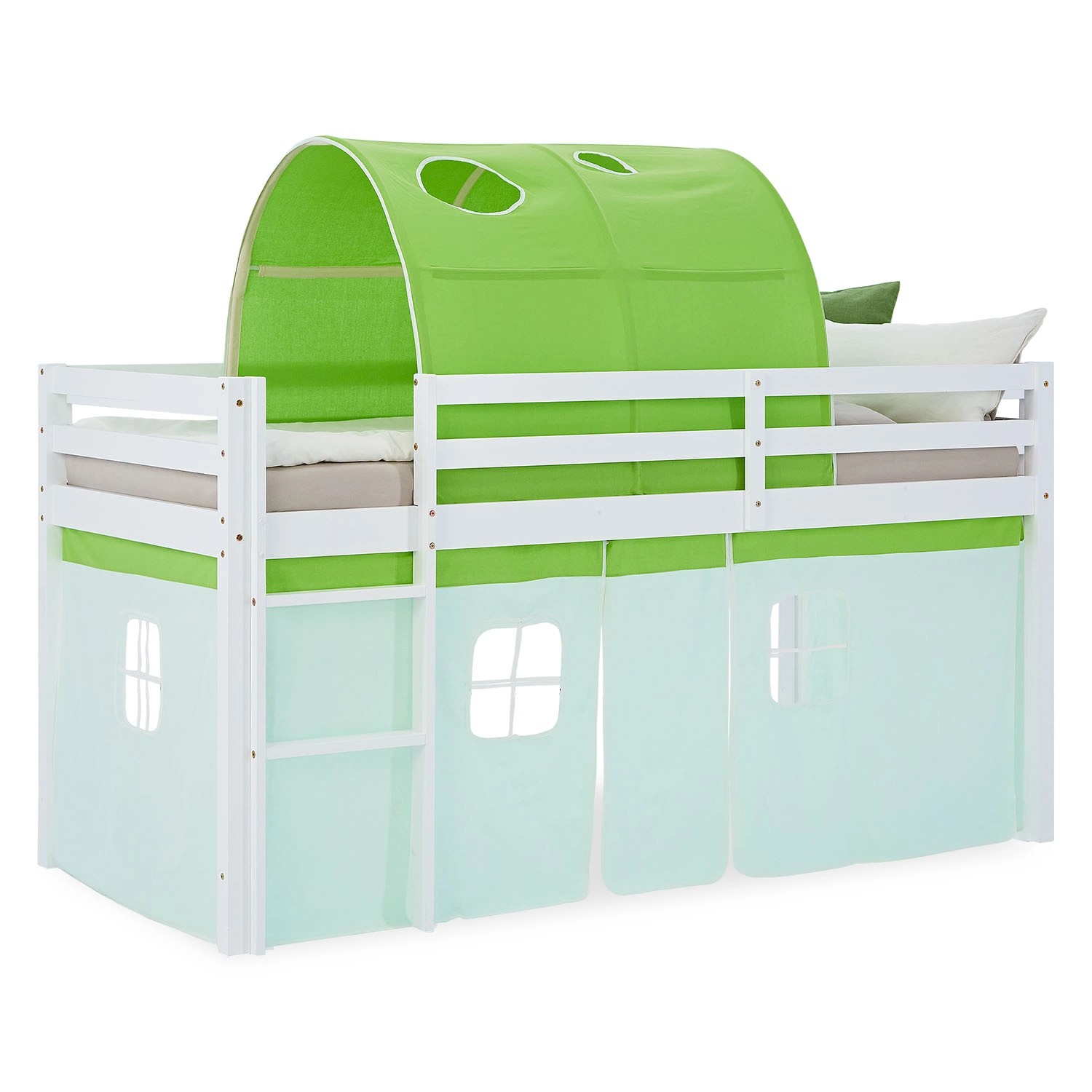 Homestyle4u Kinder Hochbett 90x200 mit Tunnel Vorhang Grün Kinderbett 2967