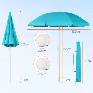 Sekey Sonnenschirm 180cm, türkis, mit Tragetasche und Bodenhülse. Ideal für Balkon, Strand und Camping.