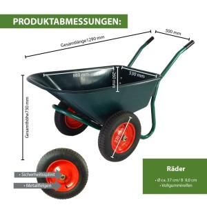 Grüne 2-Rad Schubkarre TRUTZHOLM mit 100L Mulde und Metallfelgen. Ideal für Garten & Bau.