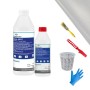 DD Composite Epoxidharz Reparaturset mit Harz, Härter, Glasfasergewebe, Pinsel, Mischbecher und Handschuhen.