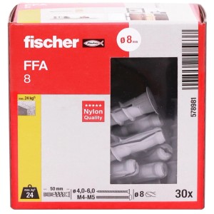fischer FFA 8 Porenbetondübel aus Nylon, 30 Stück, 8mm Durchmesser, in roter Verpackung. Hohe Haltekraft.