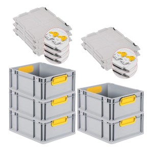 PROREGAL Spar Set: 5 graue Euroboxen mit gelben Griffen und Scharnierdeckel, gestapelt.